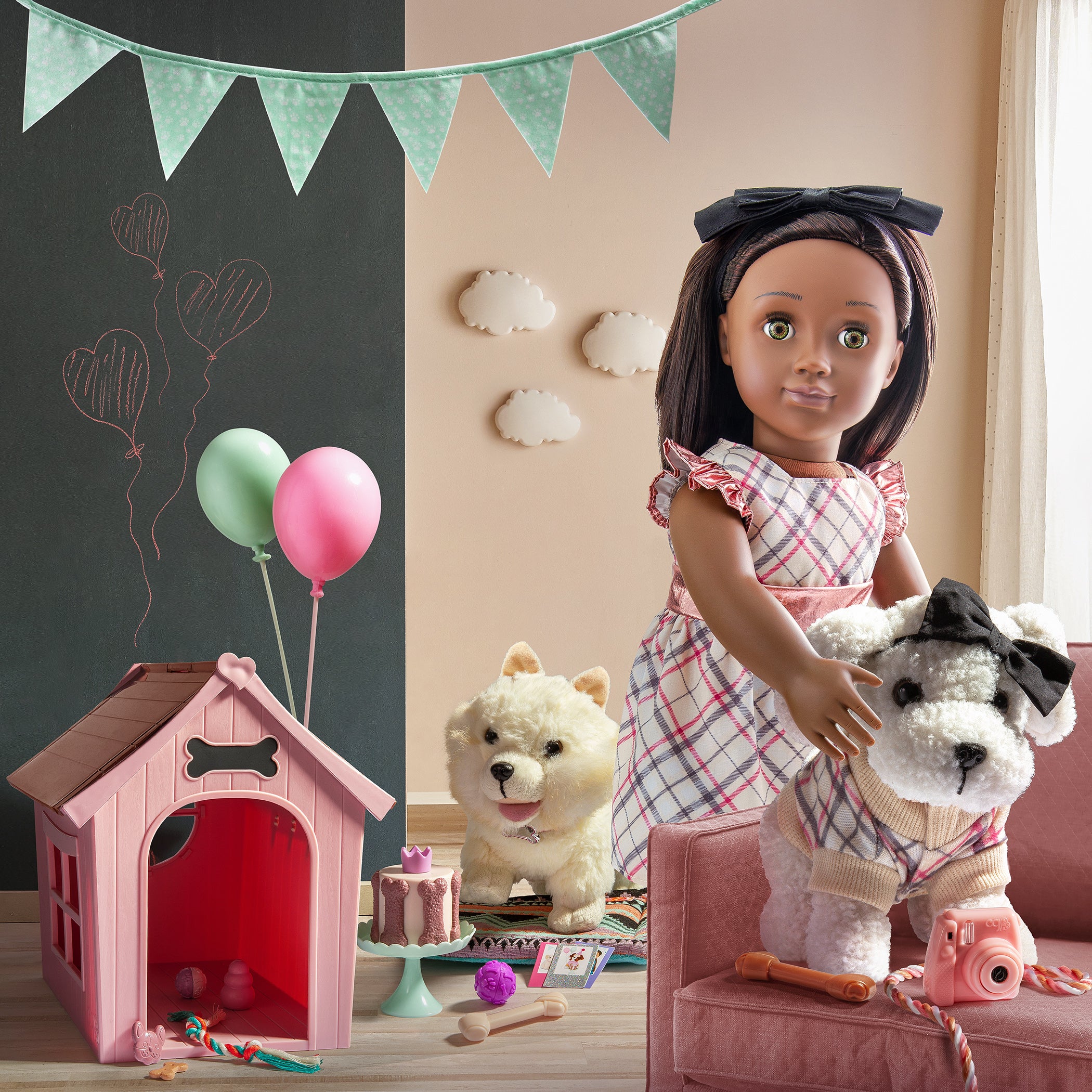 Doll with two stuffed animal dog pets