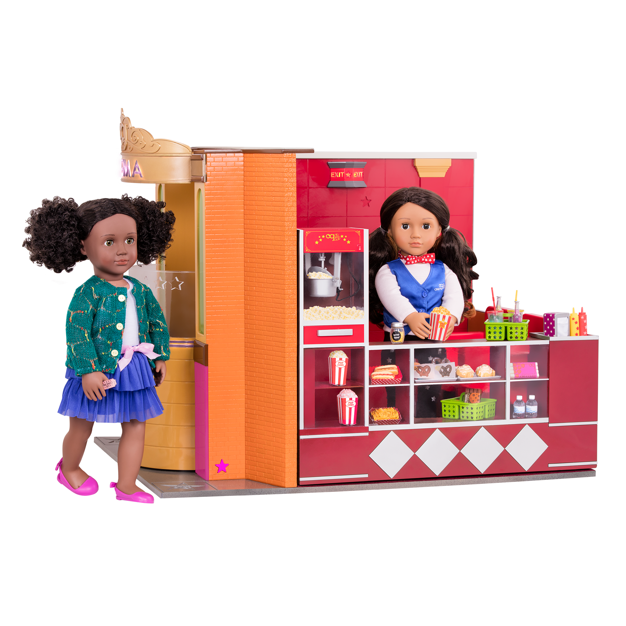 Two 46 cm dolls in movie theater playset