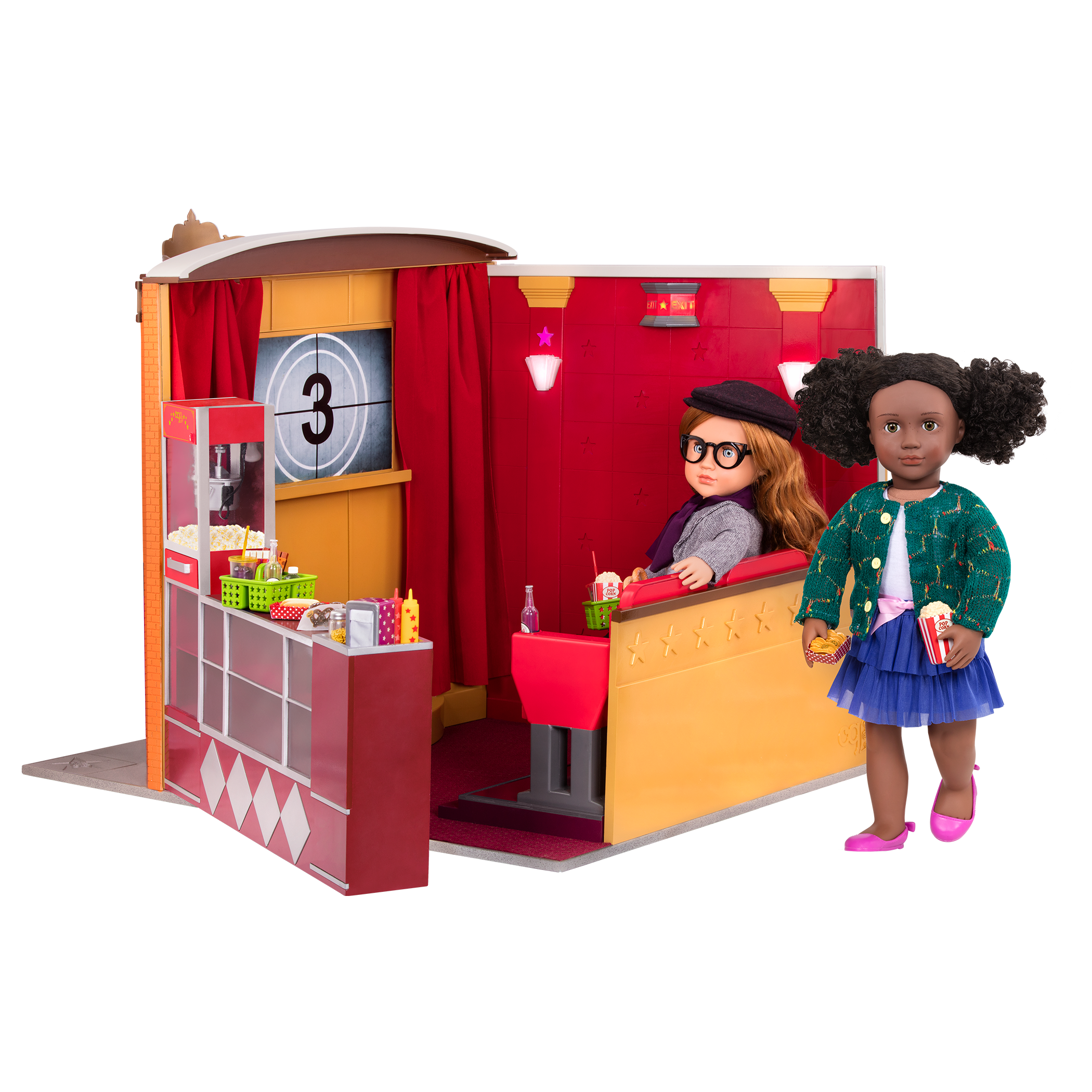 Two 46 cm dolls in movie theater playset