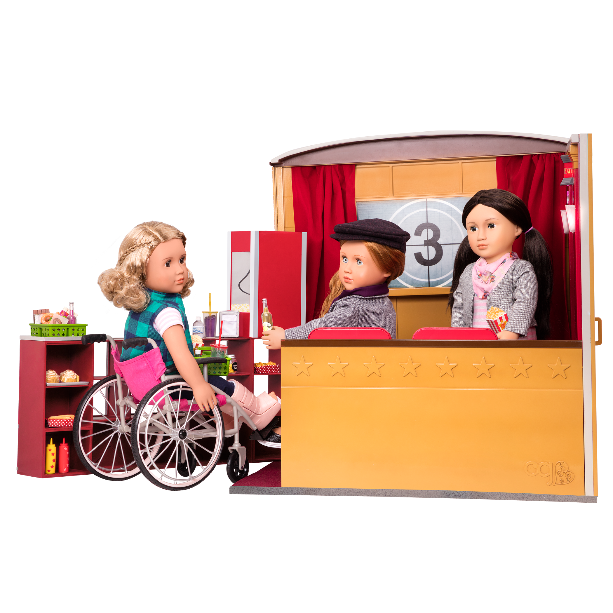 Two 46 cm dolls in movie theater playset